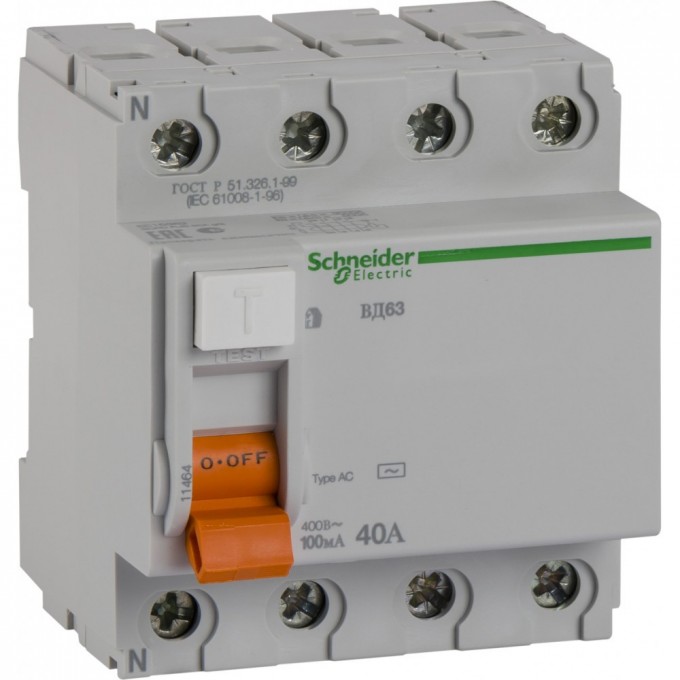 Дифференциальный выключатель нагрузки SCHNEIDER ELECTRIC ДОМОВОЙ ВД63 4П 40A 100MA АС, Испания 11464 Дифференциальный выключатель нагрузки SCHNEIDER ELECTRIC ДОМОВОЙ ВД63 4П 40A 100MA АС, Испания 11464