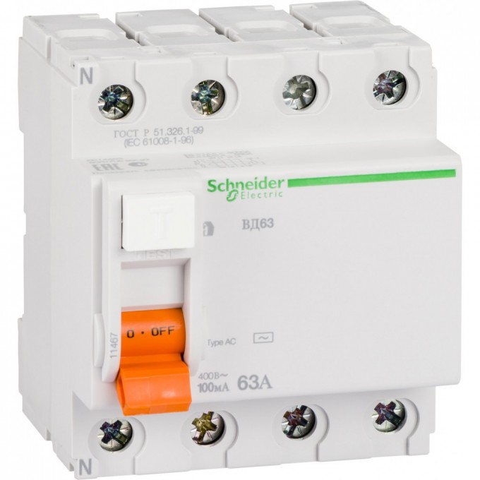 Дифференциальный выключатель нагрузки SCHNEIDER ELECTRIC ДОМОВОЙ ВД63 4П 63A 100MA АС, Испания 11467 Дифференциальный выключатель нагрузки SCHNEIDER ELECTRIC ДОМОВОЙ ВД63 4П 63A 100MA АС, Испания 11467