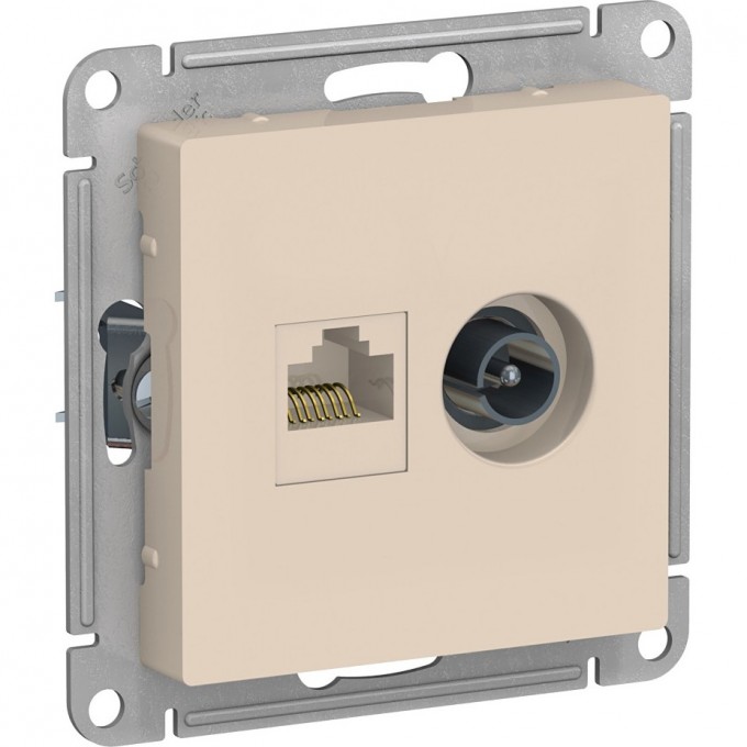 Розетка двойная SCHNEIDER ELECTRIC ATLASDESIGN ТВ + компьютерная RJ45, кат. 5Е, бежевый ATN000289 Розетка двойная SCHNEIDER ELECTRIC ATLASDESIGN ТВ + компьютерная RJ45, кат. 5Е, бежевый ATN000289