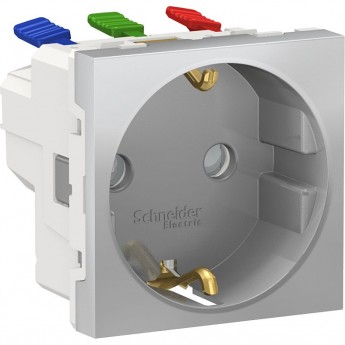 Розетка SCHNEIDER ELECTRIC UNICA MODULAR с заземлениям, со шторками, с быстрозажимными клеммами, 16А 250В, 2 модуля, алюминий