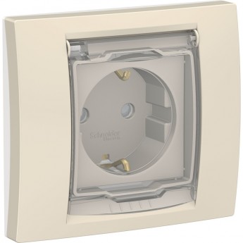 Розетка SCHNEIDER ELECTRIC UNICA NEW с заземлением, со шторками, с крышкой, IP44, бежевый