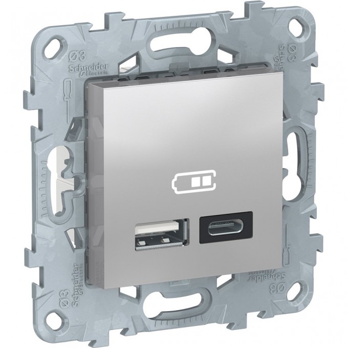 Розетка USB SCHNEIDER ELECTRIC UNICA NEW, 2-местная, тип А+С, 5 В / 2400 мА, алюминий NU501830 Розетка USB SCHNEIDER ELECTRIC UNICA NEW, 2-местная, тип А+С, 5 В / 2400 мА, алюминий NU501830