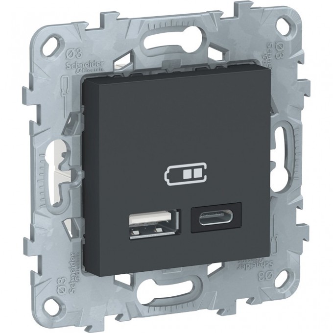 Розетка USB SCHNEIDER ELECTRIC UNICA NEW, 2-местная, тип А+С, 5 В / 2400 мА, антрацит NU501854 Розетка USB SCHNEIDER ELECTRIC UNICA NEW, 2-местная, тип А+С, 5 В / 2400 мА, антрацит NU501854