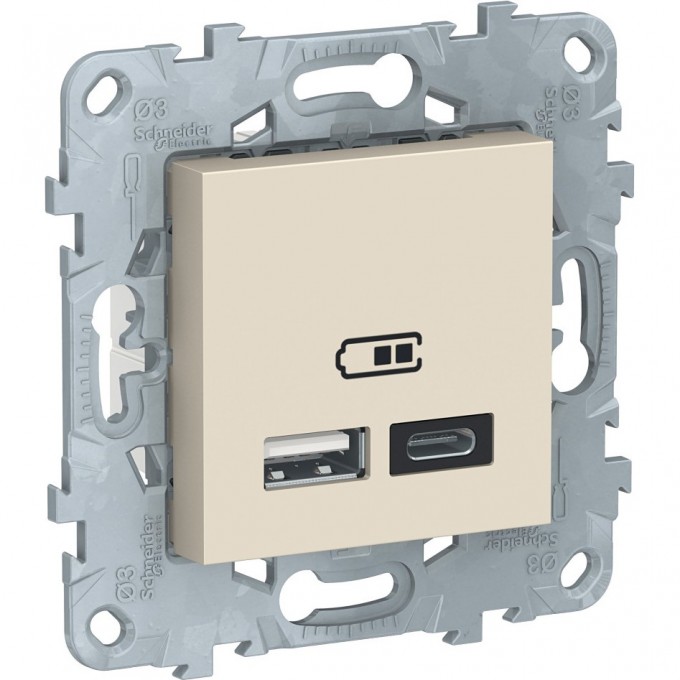 Розетка USB SCHNEIDER ELECTRIC UNICA NEW, 2-местная, тип А+С, 5 В / 2400 мА, бежевый NU501844 Розетка USB SCHNEIDER ELECTRIC UNICA NEW, 2-местная, тип А+С, 5 В / 2400 мА, бежевый NU501844