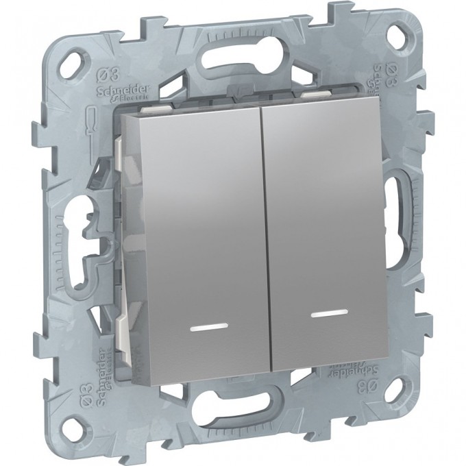 Выключатель 2-клавишный SCHNEIDER ELECTRIC UNICA NEW, 2 модуля, с подсветкой, 2 х сх. 1а, алюминий NU521130N Выключатель 2-клавишный SCHNEIDER ELECTRIC UNICA NEW, 2 модуля, с подсветкой, 2 х сх. 1а, алюминий NU521130N