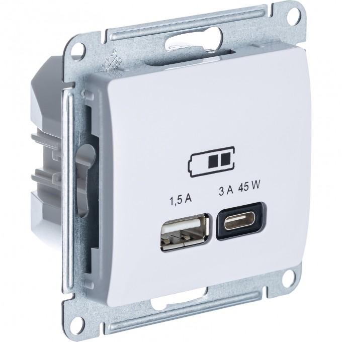 Розетка SCHNEIDER ELECTRIC USB GLOSSA тип A+C 45Вт QC PD высокоскор. ЗУ механизм белая SE GSL000129 Розетка SCHNEIDER ELECTRIC USB GLOSSA тип A+C 45Вт QC PD высокоскор. ЗУ механизм белая SE GSL000129