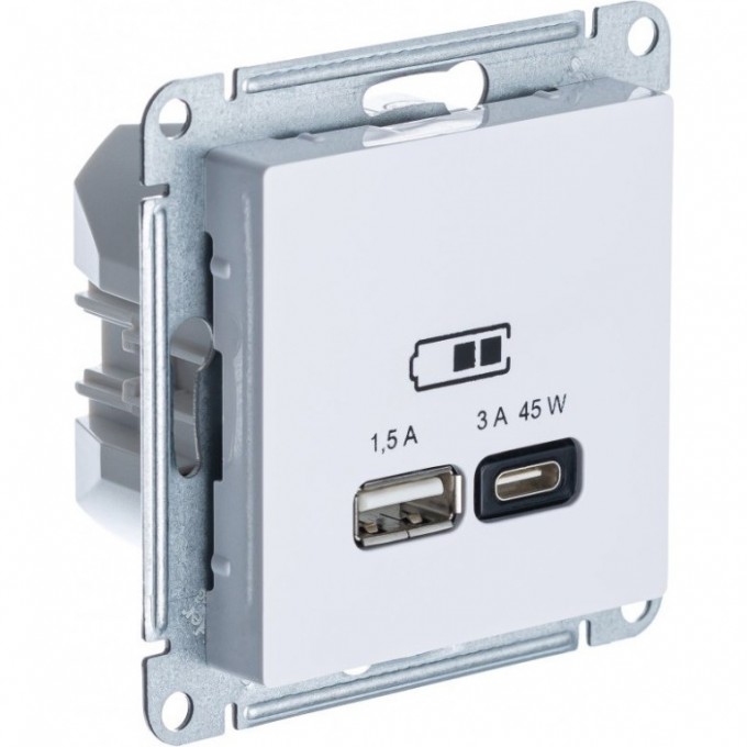 Розетка USB SCHNEIDER ELECTRIC ATLAS DESIGN тип A+C 45Вт QC PD высокоскоростная, ЗУ механизм, белая ATN000129 Розетка USB SCHNEIDER ELECTRIC ATLAS DESIGN тип A+C 45Вт QC PD высокоскоростная, ЗУ механизм, белая ATN000129