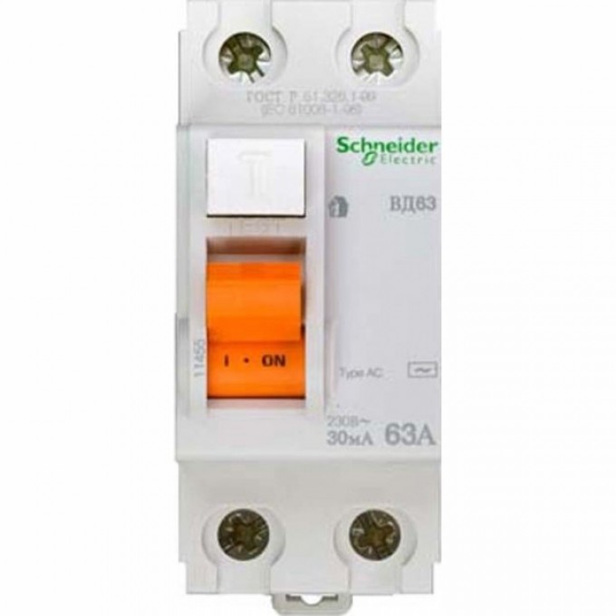 Дифференциальный выключатель нагрузки SCHNEIDER ELECTRIC ДОМОВОЙ ВД63 2П 63A 30MA АС, Испания 11455 Дифференциальный выключатель нагрузки SCHNEIDER ELECTRIC ДОМОВОЙ ВД63 2П 63A 30MA АС, Испания 11455