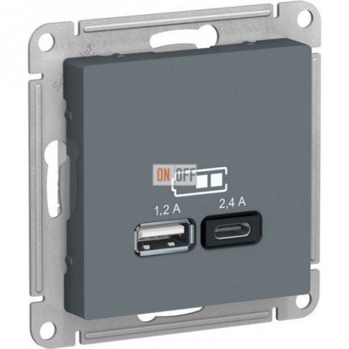 USB Розетка SCHNEIDER ELECTRIC ATLAS DESIGN тип A+C 5В/2.4А 2х5В/1.2А механизм, карбон ATN001039 USB Розетка SCHNEIDER ELECTRIC ATLAS DESIGN тип A+C 5В/2.4А 2х5В/1.2А механизм, карбон ATN001039